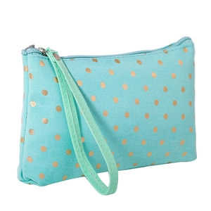 Portable teal canvas makeup bag with gold polka dot print and zipper closure