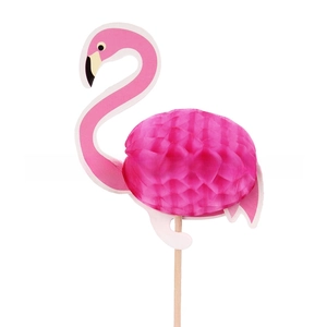 Close-up of pink flamingo honeycomb paper picks with wooden sticks for party decor