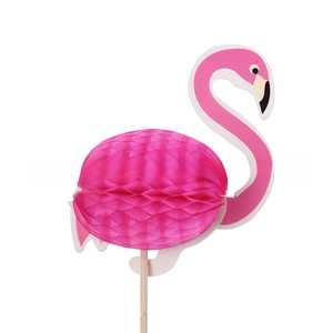 Detailed close-up of a 3D flamingo fruit pick with vibrant pink honeycomb paper body