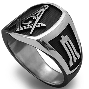 Punk style Freemason ring in silver and black stainless steel with G symbol