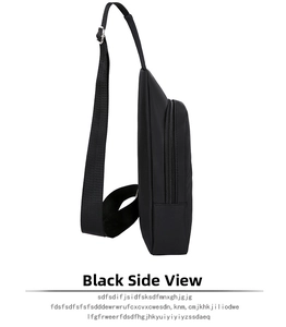 Side view of multi-functional black sling bag with dual zipper compartments and wide strap