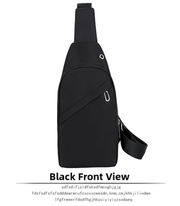 Front detail of black multifunctional crossbody chest bag with earphone port and zipper