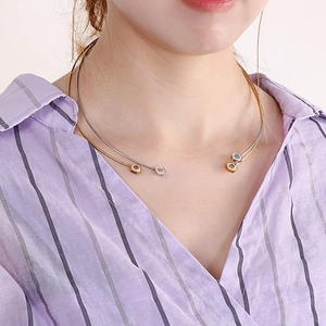 Elegant gold and silver hexagon stainless steel open choker necklace for women with crystals