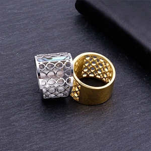 Modern wide hollow grid stainless steel rings with abalone shell inlay on stone