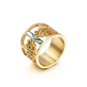 Hollow Tree Of Life Stainless Steel Ring With Abalone Shell Inlay Gold Plated Wide Band Fashion Jewelry