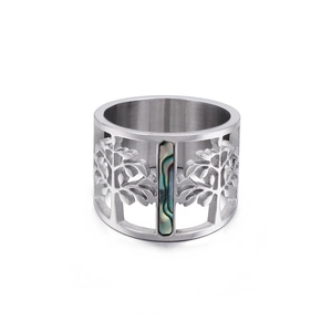 Silver stainless steel wide ring with hollow tree of life design and abalone shell inlay