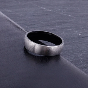 Minimalist brushed silver titanium steel ring with a smooth black inner band for men