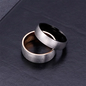 Brushed silver titanium steel rings with rose gold and black inner plating for couples
