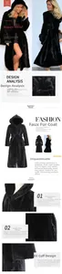 Close-up of a long black faux fur coat featuring a hooded design and a matching waist belt