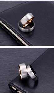 Detailed view of titanium steel ring with silver brushed finish and rose gold inner band