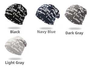 Neutral knit slouchy beanies in black, navy, and grey featuring white script lettering