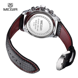 Men's sports watch with black leather strap, red stitching and stainless steel back case