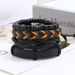 Close-up of four-piece men's leather and wood bead multilayer braided bracelet set