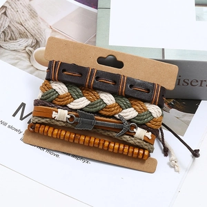 Set of 4 vintage leather bracelets with braided ropes, wooden beads and metal arrow charm