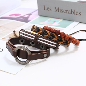 4-piece vintage leather bracelet set for men with braided punk style and wood beads
