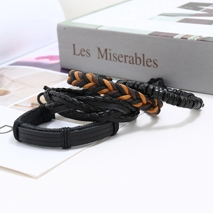 Retro multi-layer woven leather and wood bead bracelet set for men on white surface