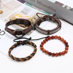 Four-piece men's leather bracelet set with punk braided style and wooden beads