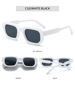 Detailed views of vintage square white sunglasses with thick temples and black lenses