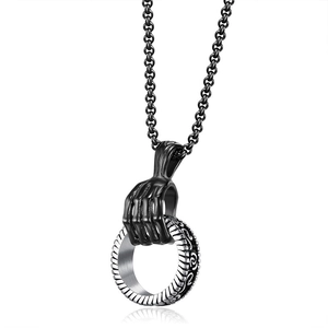 Vintage gothic skeleton hand clutching silver ring pendant on black metal necklace chain