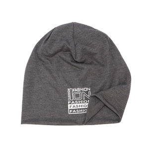 Dark gray soft knit beanie with white FASHION print for autumn and winter warmth