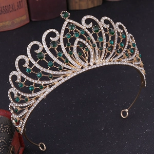 Baroque luxury bridal crown with emerald green stones and rhinestones on gold base