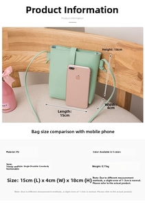 Detail of small green PU leather bucket bag with size dimensions and scale reference.