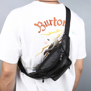 Men's versatile black PU leather waist bag with multi-layer zippers and cross-body strap