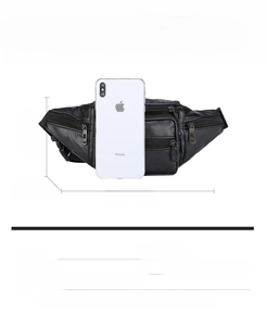 Detail view of multi-pocket black PU leather waist bag with a smartphone for scale