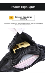 Detailed interior of a multi-layer black PU leather waist bag with high storage capacity