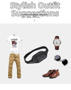 Flat lay of black multi-zipper waist bag paired with casual men's outfit and sunglasses