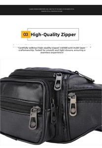 Detail of lychee textured black leather waist bag with multiple gunmetal zippers
