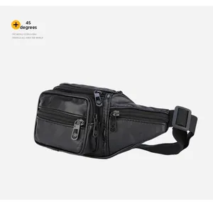 Detailed 45-degree view of multi-pocket black PU leather waist bag with adjustable strap