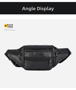 Detailed view of black litchi grain PU leather waist bag with multi-zipper pockets