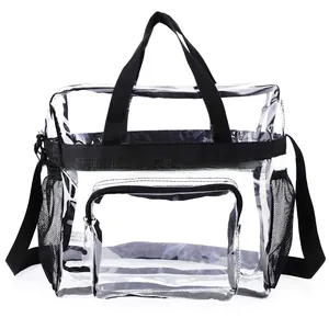 Detail of transparent PVC travel tote featuring black trim and mesh side pockets