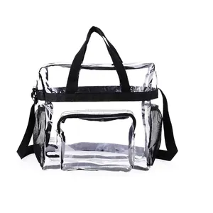 Large transparent PVC travel bag with nylon handles, adjustable strap and mesh side pockets