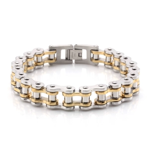 Punk style stainless steel motorcycle chain bracelet in silver and gold two-tone finish