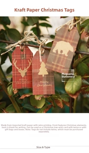 Close-up of vintage kraft paper Christmas tags with reindeer and bear animal patterns