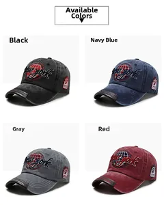 Detailed grid view of washed cotton baseball caps in black, navy, gray, and red colors