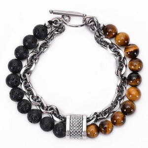 Tiger eye and lava stone double-layer bracelet with stainless steel chain and T-bar clasp