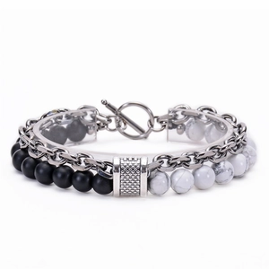 Men's double-layer bracelet with natural matte stone, white turquoise, and stainless steel chain