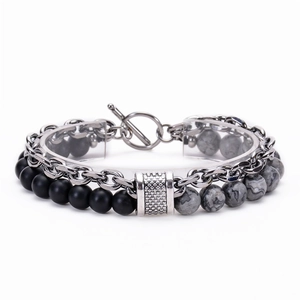 Detail of double-layer bracelet with tiger eye beads, metal chain and T-bar toggle clasp