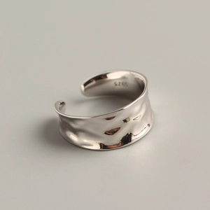 925 Sterling Silver Ring For Women Irregular Concave Surface Hammered Texture Minimalist Adjustable Wide Face Jewelry