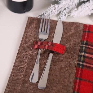 Christmas plaid placemat with cutlery holder loop made of rustic faux linen fabric