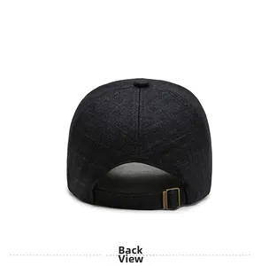 Detailed back view of charcoal grey plaid baseball cap with adjustable metal buckle