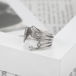 Adjustable multi-layer silver wavy steel ring with sparkling zircon stones