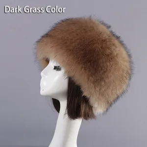Thick dark grass faux fur Russian hat for winter warmth with a fluffy flat top design