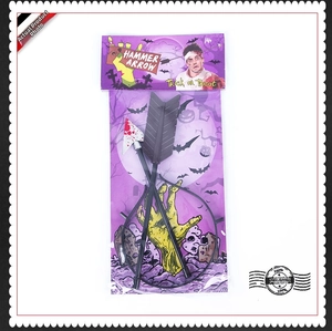 Detail of Halloween prank arrow headband with realistic red blood splatters on packaging