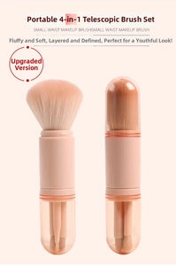 Detail showing the 4-in-1 retractable makeup brush set in pink with dustproof caps
