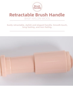 Macro view of portable 4-in-1 makeup brush with retractable pink handle and BASF nylon bristles