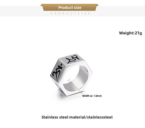 Men's titanium steel hexagon ring with 12mm width and 21g weight specifications